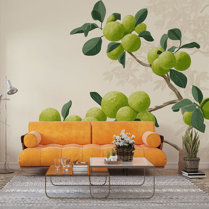 Une pièce de salon avec un papier peint représentant des agrumes verts stylisés sur un fond clair, créant une ambiance fraîche et vivante.