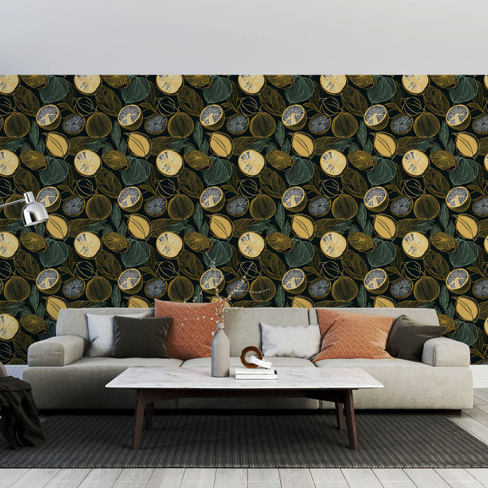 Un salon contemporain avec un papier peint aux motifs botaniques colorés, mêlant des formes rondes dorées et vertes sur fond noir, créant une ambiance dynamique et chaleureuse.