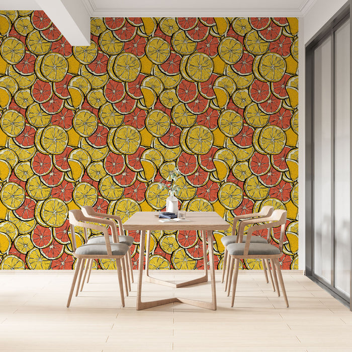 Une salle à manger lumineuse avec un papier peint coloré représentant des agrumes aux teintes vives, créant une atmosphère joyeuse et estivale.