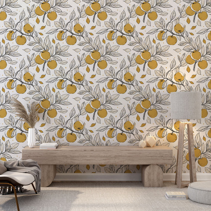 Une pièce lumineuse avec un papier peint floral représentant des oranges jaunes et des feuilles grises sur fond blanc, créant une ambiance fraîche et accueillante.