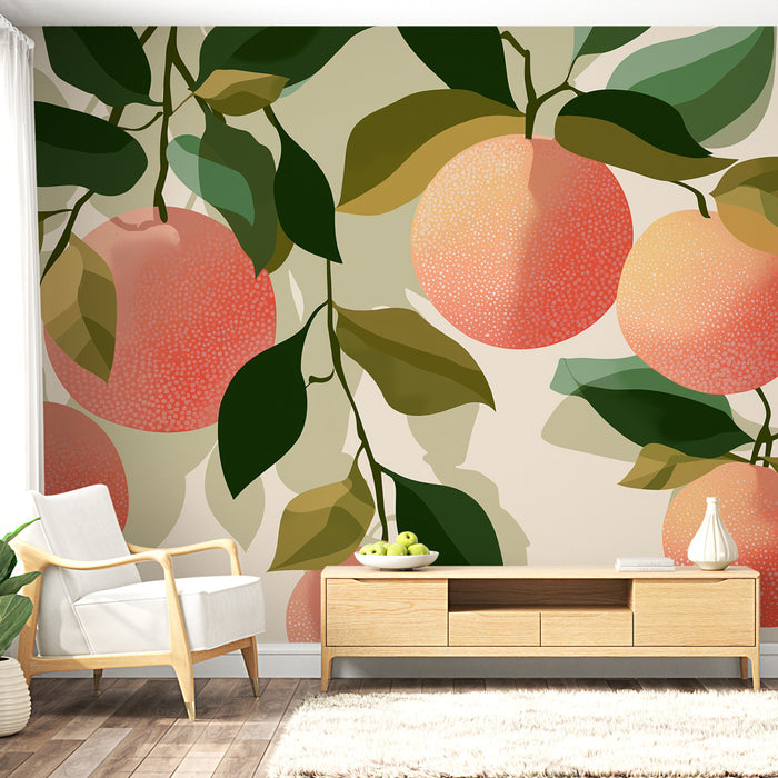 Une pièce lumineuse avec un papier peint fruité représentant de grandes oranges aux teintes douces, entourées de feuillages luxuriants, créant une atmosphère fraîche et accueillante.