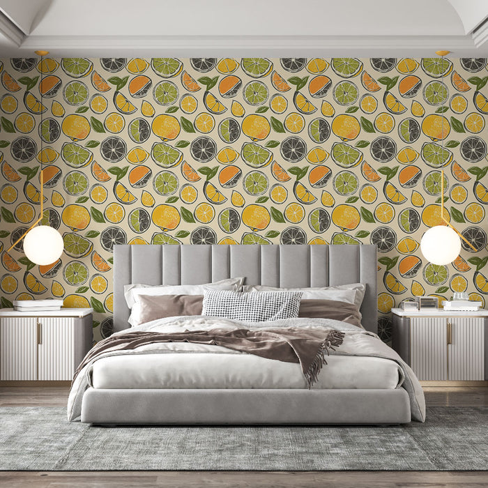 Une chambre moderne avec un papier peint coloré représentant des agrumes variés sur fond clair, créant une atmosphère fraîche et joyeuse.