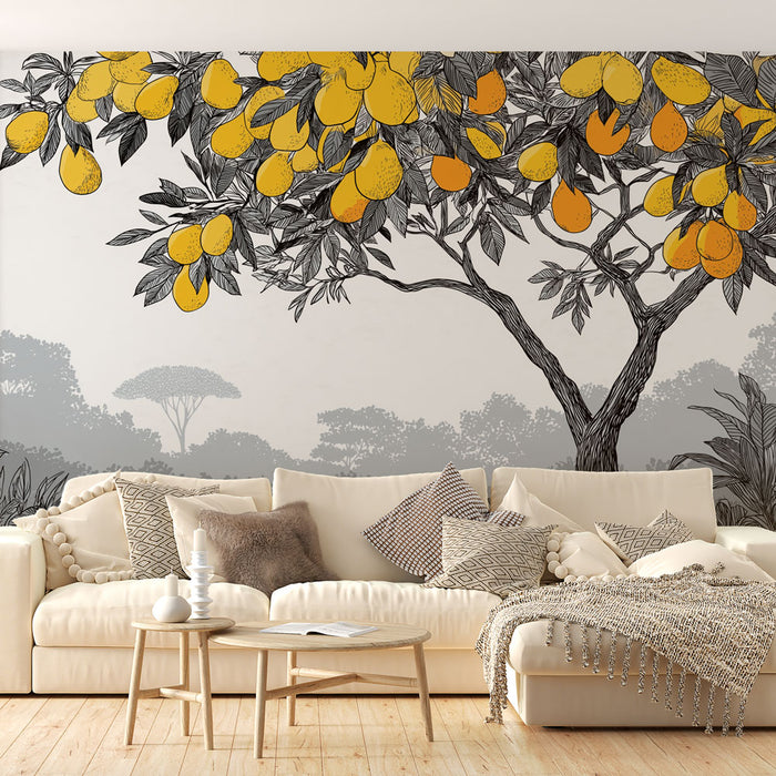 Un salon lumineux avec un papier peint représentant un arbre à citrons aux teintes jaunes vives et un fond graphique en nuances de gris, créant une atmosphère fraîche et accueillante.