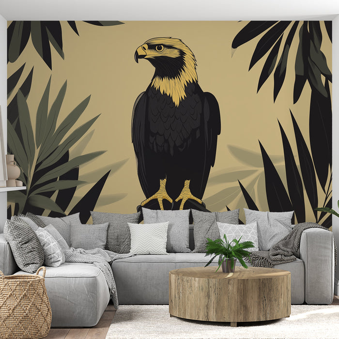 Un salon moderne avec un papier peint illustrant un aigle majestueux sur fond beige, entouré de feuillages sombres, créant une ambiance audacieuse et naturelle.