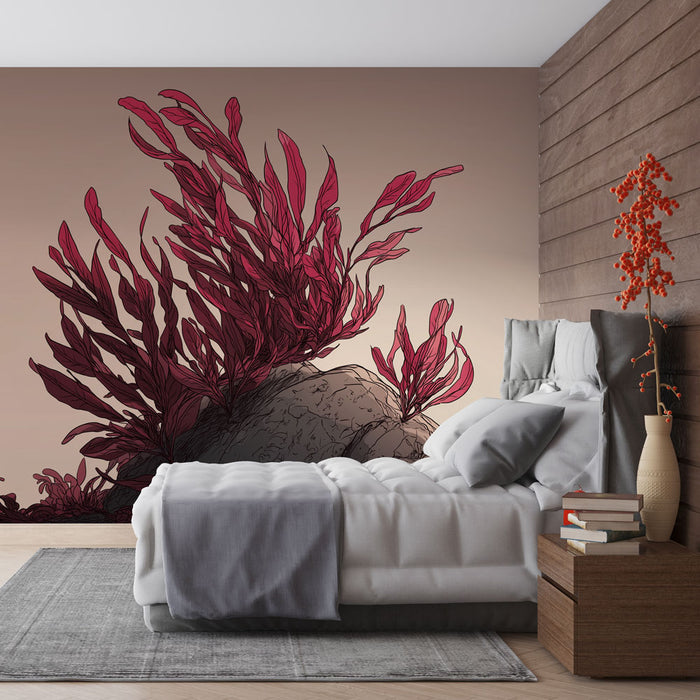 Une chambre moderne avec un papier peint illustrant des algues rouges sur un fond beige, créant une atmosphère apaisante et artistique.