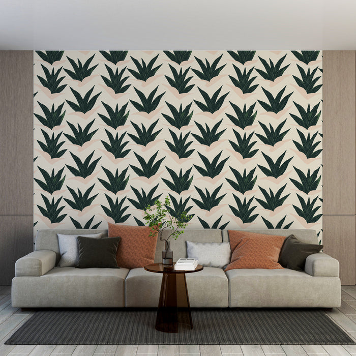 Un salon contemporain avec un papier peint tropical représentant de grandes feuilles vertes sur un fond crème, créant une atmosphère fraîche et accueillante.