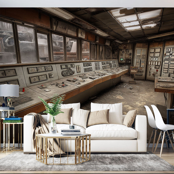 Une pièce de vie moderne avec un papier peint représentant un ancien tableau de contrôle industriel, créant une atmosphère nostalgique et intrigante.