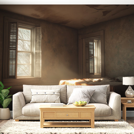 Une chambre lumineuse avec un papier peint aux teintes chaudes et vieillies, offrant une atmosphère nostalgique et apaisante.