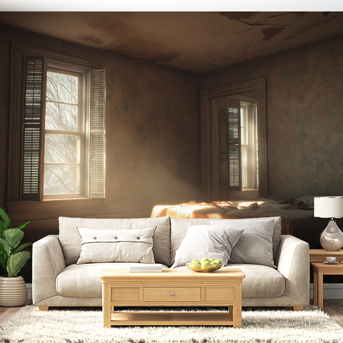 Une chambre lumineuse avec un papier peint aux teintes chaudes et vieillies, offrant une atmosphère nostalgique et apaisante.