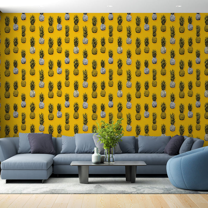 Un salon moderne avec un papier peint jaune vif orné de motifs d'ananas noirs et blancs, créant une ambiance joyeuse et estivale.