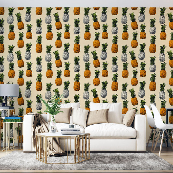 Un salon lumineux avec un papier peint tropical représentant des ananas colorés sur fond beige, créant une ambiance joyeuse et estivale.