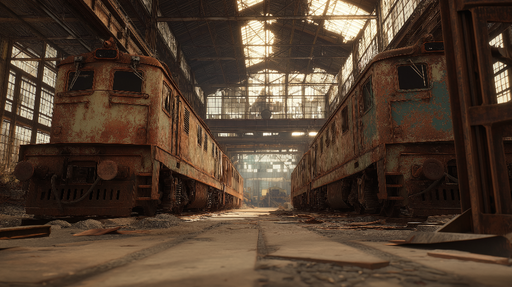 Papier peint ancien ferroviaire Locomotives rouillées dans un hangar abandonné