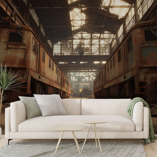 Un salon contemporain avec un papier peint représentant un ancien hangar ferroviaire, aux teintes rustiques et industrielles, créant une atmosphère nostalgique et authentique.