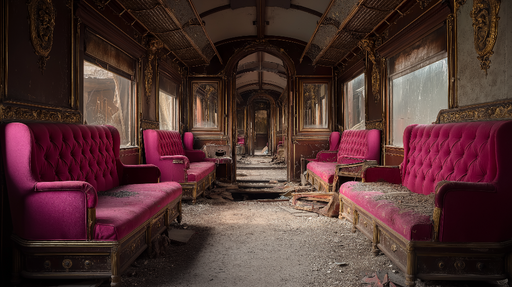 Papier peint ancien train Intérieur d'un wagon vintage avec canapés en velours fuchsia