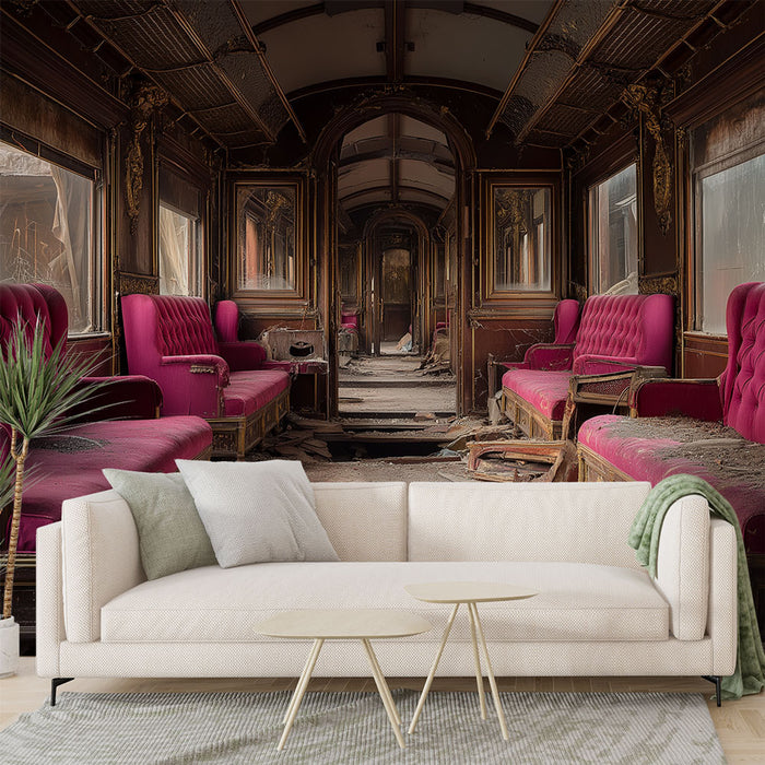 Une pièce de vie avec un papier peint représentant un ancien wagon de train aux teintes sombres, avec des fauteuils roses et une ambiance nostalgique et mystérieuse.