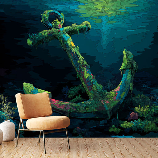 Une pièce moderne avec un papier peint représentant une ancre colorée et recouverte de végétation marine, créant une ambiance sous-marine intrigante et artistique.