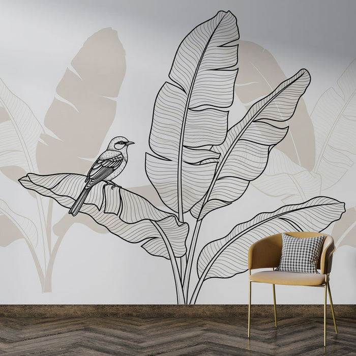 Une pièce moderne avec un papier peint aux motifs de grandes feuilles stylisées et un oiseau, créant une ambiance naturelle et apaisante.