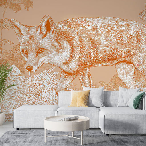 Un salon moderne avec un papier peint illustrant un renard stylisé en orange sur fond beige, créant une ambiance à la fois artistique et chaleureuse.