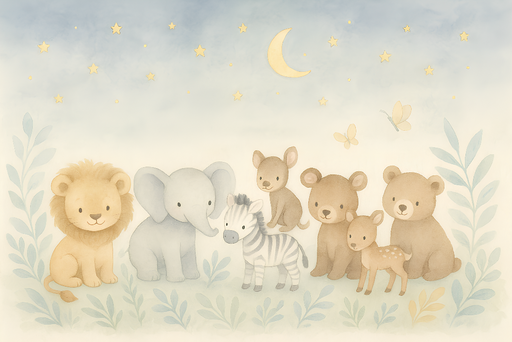 Papier peint animalier Mignons animaux sous un ciel étoilé