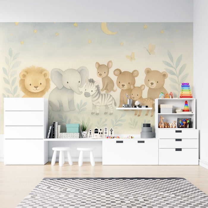 Une chambre d'enfant avec un papier peint illustrant des animaux mignons dans des teintes douces, créant une atmosphère ludique et apaisante.