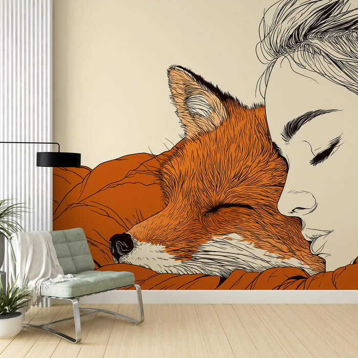 Une chambre moderne avec un papier peint illustratif représentant un renard endormi aux teintes orange et une femme apaisée, créant une atmosphère douce et intime.