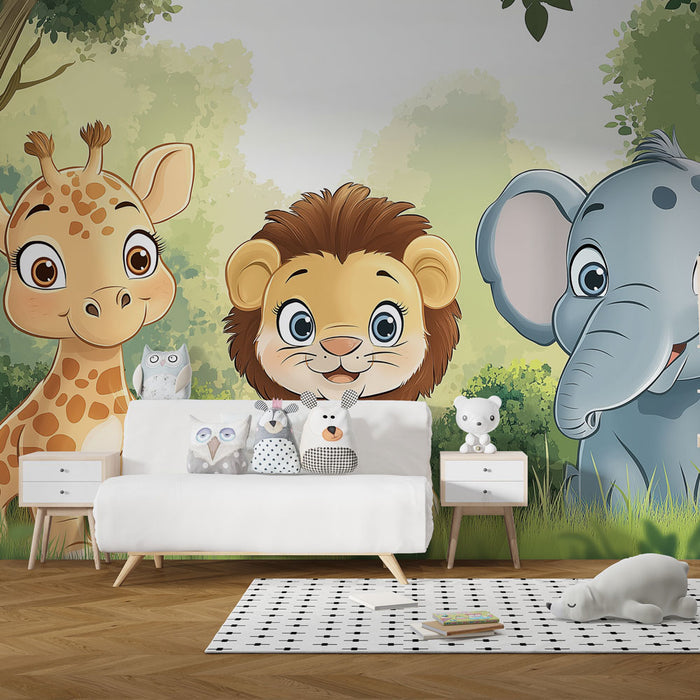Papier peint animaux | Adorables animaux de la jungle en style cartoon