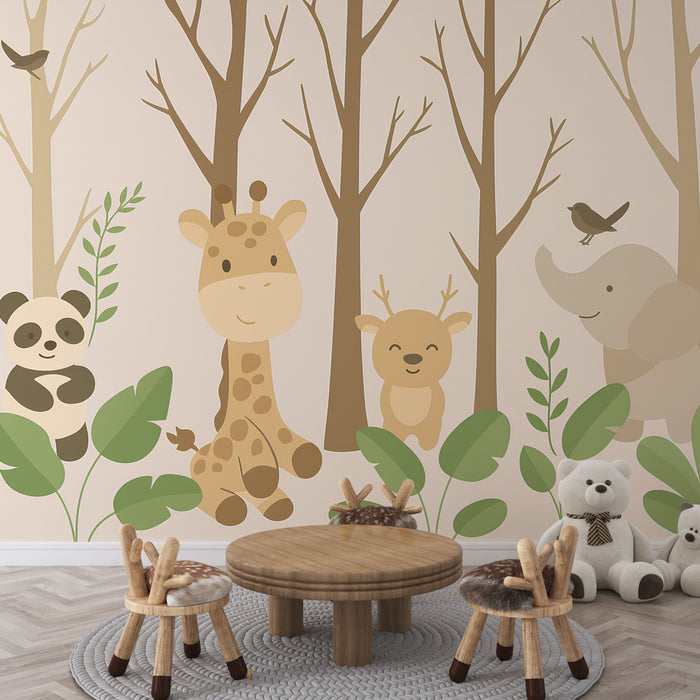 Une chambre d'enfant avec un papier peint illustrant des animaux mignons comme une girafe, un panda et un éléphant, créant une ambiance ludique et chaleureuse.