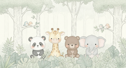 Papier peint animaux de la forêt Doux animaux enfantins au milieu de la verdure