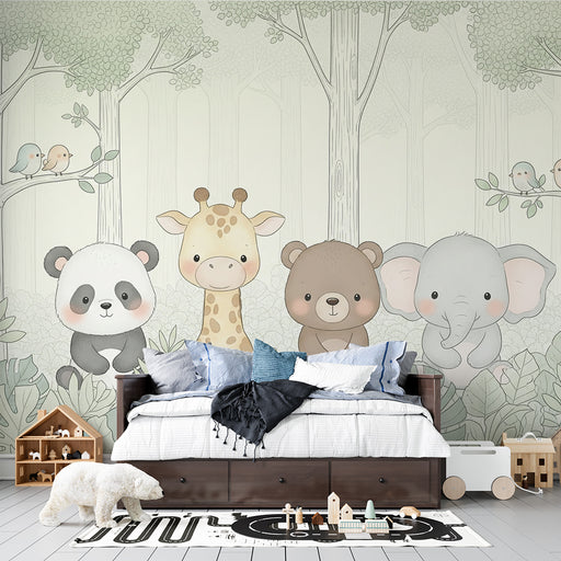 Une chambre d'enfant avec un papier peint illustrant des animaux mignons comme un panda, une girafe, un ours et un éléphant dans une forêt douce et apaisante.