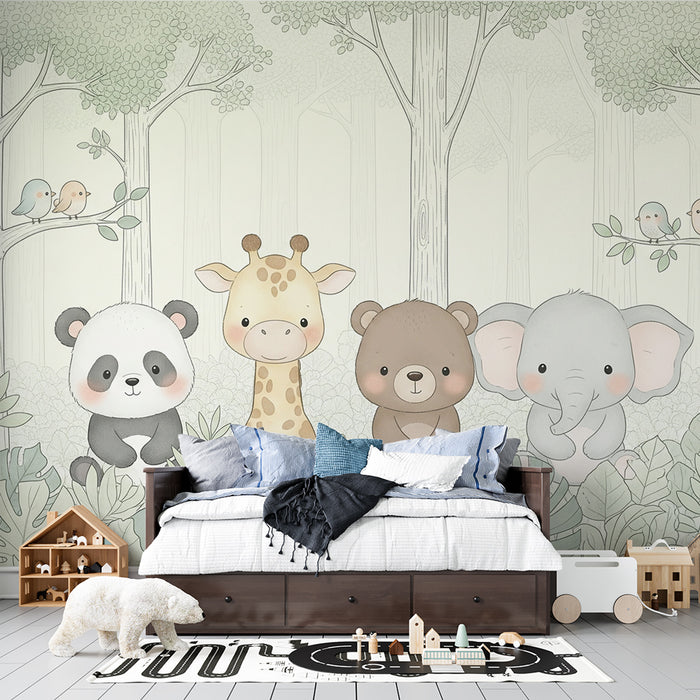 Une chambre d'enfant avec un papier peint illustrant des animaux mignons comme un panda, une girafe, un ours et un éléphant dans une forêt douce et apaisante.