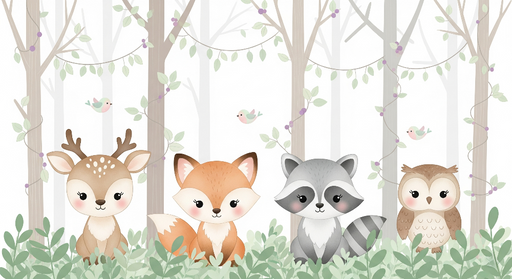 Papier peint animaux de la forêt Mignons animaux dans un cadre boisé avec des feuilles verdoyantes