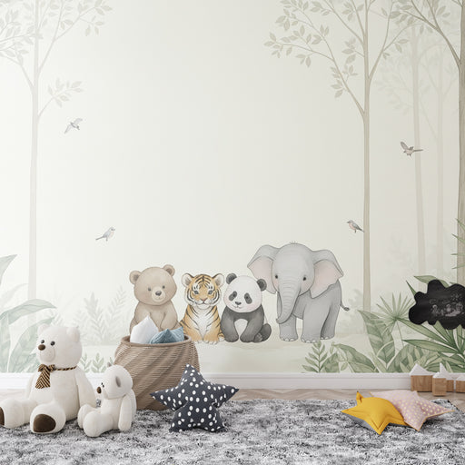 Une chambre d'enfant avec un papier peint illustré représentant des animaux mignons, dont un ours, un tigre, un panda et un éléphant, créant une ambiance douce et ludique.