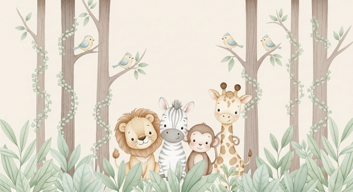 Papier peint animaux de la jungle Adorables animaux aux traits doux dans une forêt paisible