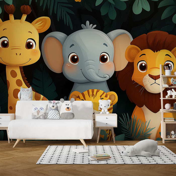 Papier peint animaux de la jungle | Amusants animaux souriants dans la verdure