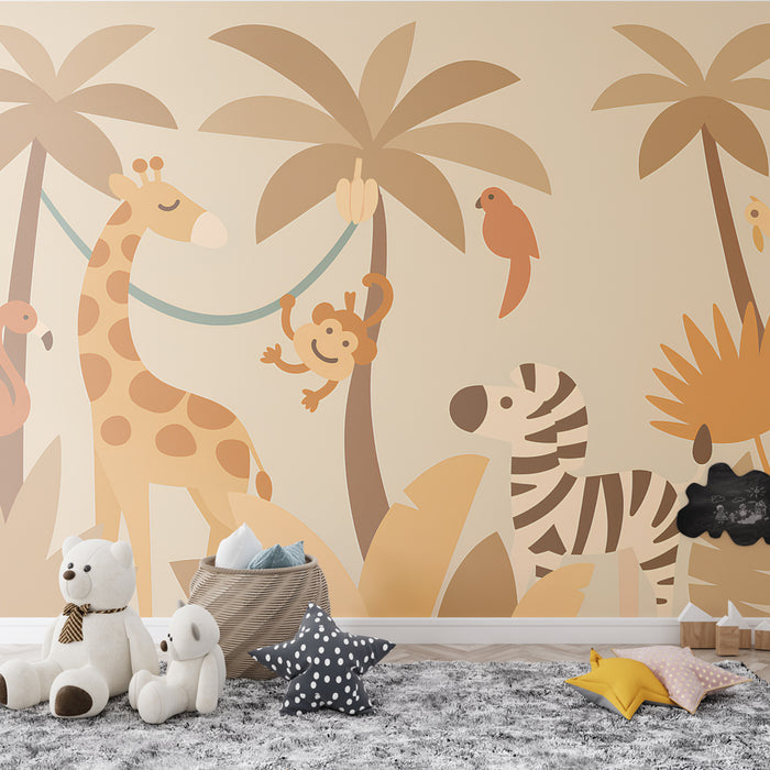 Une chambre d'enfant avec un papier peint illustré représentant des animaux ludiques comme une girafe, un singe et un zèbre, dans des teintes douces et chaleureuses.