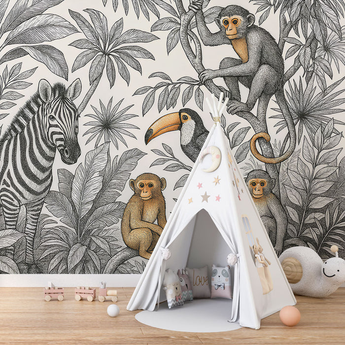 Une chambre d'enfant avec un papier peint illustré de motifs animaliers en noir et blanc, créant une ambiance ludique et naturelle.