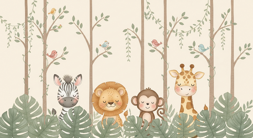 Papier peint animaux de la jungle Animaux mignons cachés derrière des feuilles tropicales