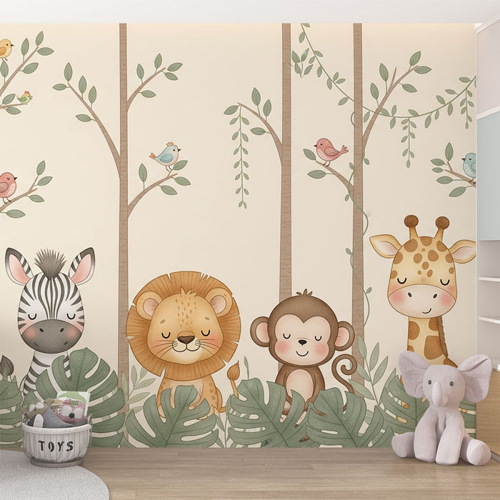 Une chambre d'enfant avec un papier peint illustré d'animaux mignons comme un zèbre, un lion, un singe et une girafe, créant une ambiance ludique et chaleureuse.