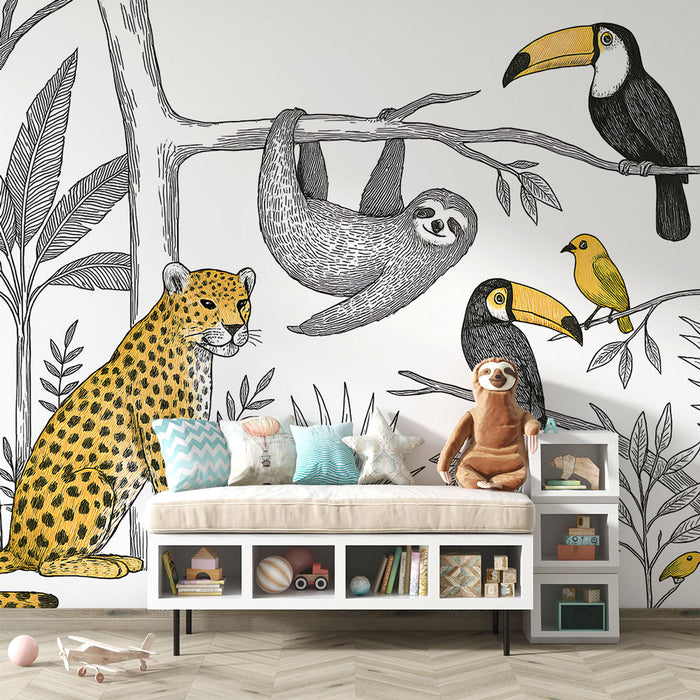 Une chambre enfantine avec un papier peint illustré représentant des animaux tropicaux, tels qu'un paresseux et un jaguar, créant une ambiance ludique et joyeuse.