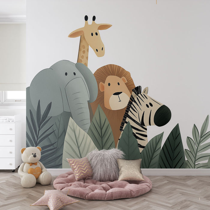 Une chambre d'enfant avec un papier peint illustrant des animaux stylisés comme un éléphant, une girafe et un lion, entourés de feuilles vertes, créant une ambiance ludique et chaleureuse.