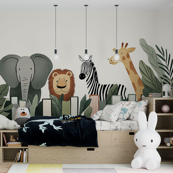 Une chambre d'enfant avec un papier peint illustrant des animaux colorés comme un éléphant, un lion, une girafe et un zèbre, créant une ambiance ludique et joyeuse.