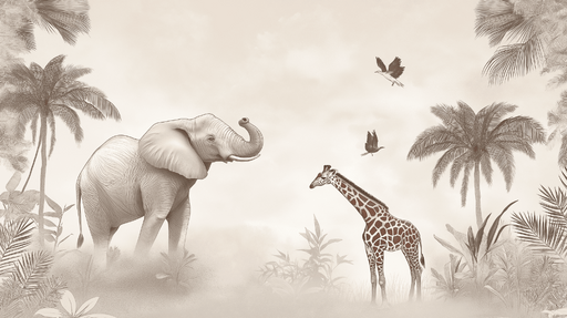 Papier peint animaux de la savane Élégant éléphant et girafe sur fond neutre
