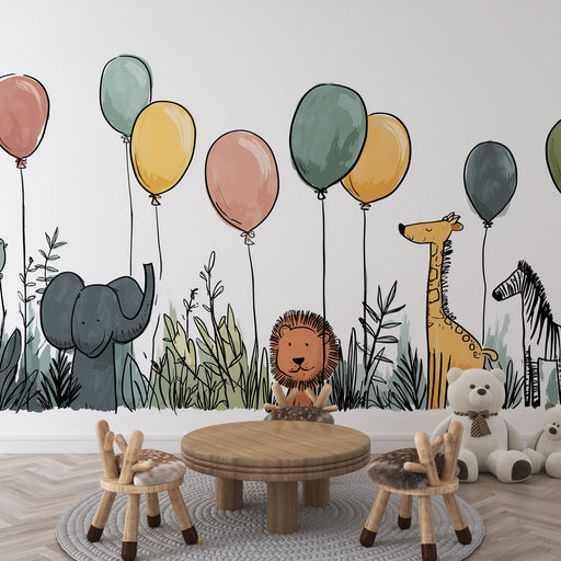 Une chambre d'enfant avec un papier peint illustré d'animaux joyeux et de ballons colorés, créant une atmosphère ludique et chaleureuse.