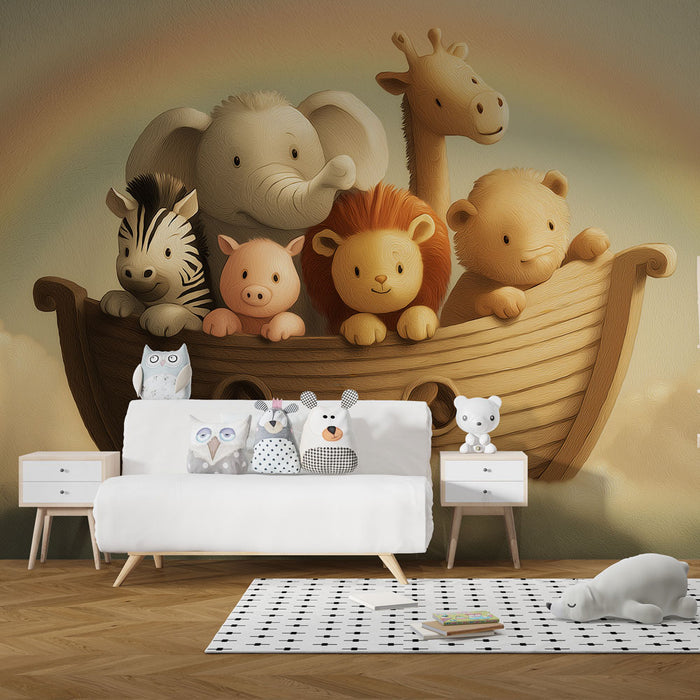 Une chambre d'enfant avec un papier peint ludique représentant des animaux mignons sur un bateau, créant une atmosphère joyeuse et chaleureuse.