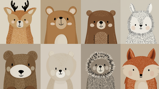 Papier peint animaux en illustration Mignons animaux de la forêt dans des tons neutres