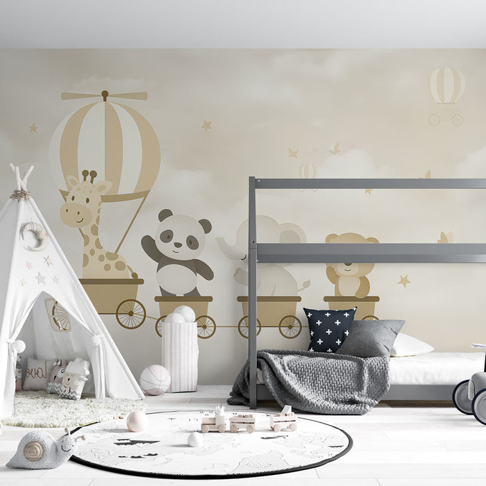Une chambre d'enfant avec un papier peint ludique représentant des animaux mignons en train de voyager dans des wagons, créant une ambiance douce et joyeuse.