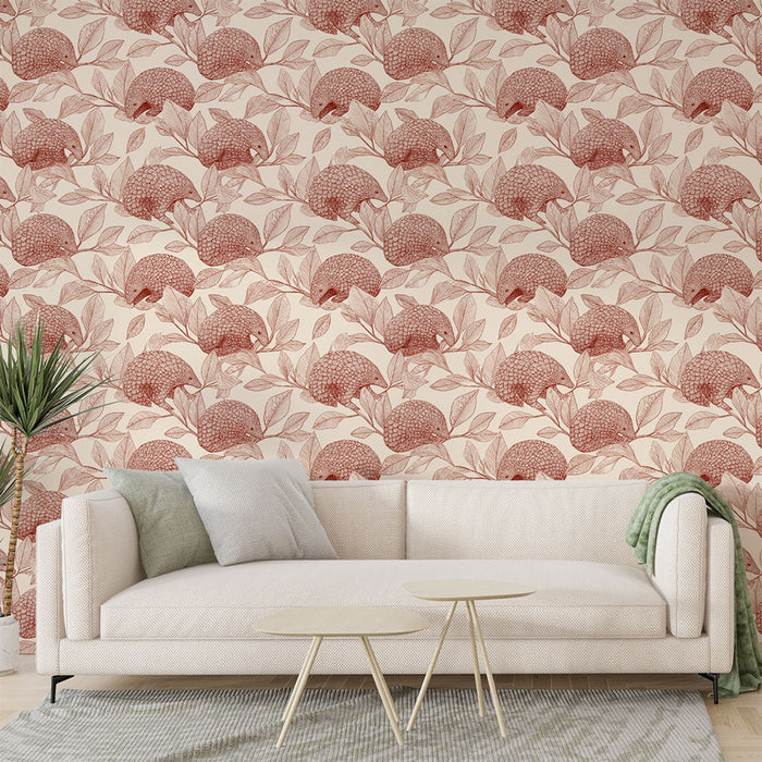 Un salon moderne avec un papier peint floral aux motifs de fleurs rouges et de feuilles délicates sur fond clair, créant une ambiance chaleureuse et accueillante.