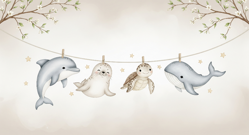 Papier peint animaux marins Dessins ludiques de dauphin, phoque, tortue et baleine