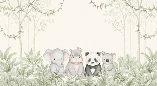 Papier peint animaux mignons Éléphant, hippopotame, panda et koala au milieu de la jungle