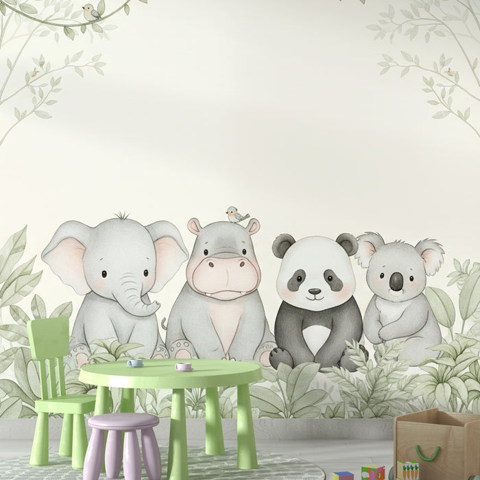 Une chambre d'enfant avec un papier peint illustrant des animaux mignons comme un éléphant, un hippopotame, un panda et un koala, créant une ambiance douce et ludique.